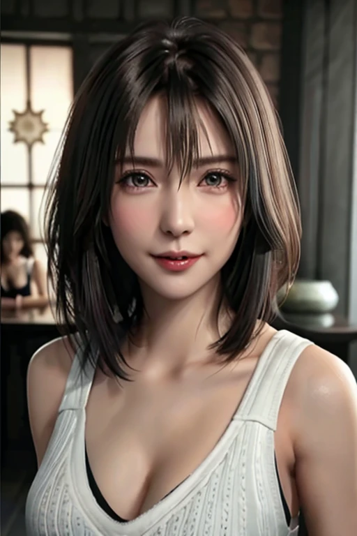 Top quality, ultra high resolution, (photorealistic: 1.4), beautiful eyes, super beautiful, short hair, beautiful breasts, lover, with rough chest, eyes inviting viewer, lover's eyes, inviting facial expressions, sexy smile, perfect style, perfect balance, detailed skin, naughty eyes, chest visible, oversize loose knitwear , damp, cleavage , short pixie cut hair