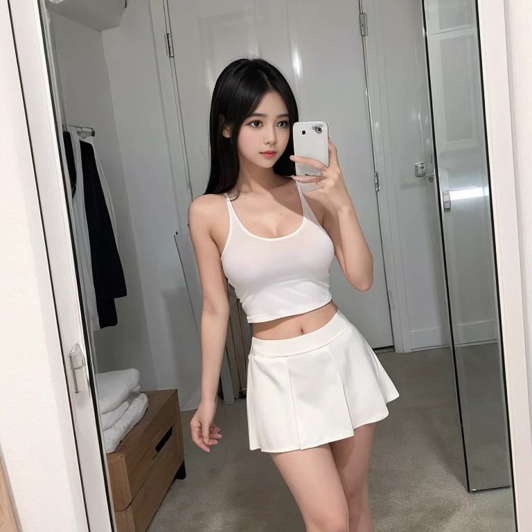 debris flies、highest quality、super fine、got it、High resolution、8k wallpaper、perfect dynamic composition、(((Full body Esbian)))、((from below))、20 year old cute girl、detailed beautiful face、delicate and cute eyes、fine-textured skin、My cheeks turned red、(wavy black hair)、thin legs、Please generate at the eaves、take a selfie with your mobile phone、room、wearing a white tank top、white background、wearing hot pants、I can see your pants、panty shot、The exact shape of the areola、transparent areola、The nipples are transparent、Taking a selfie in front of the mirror with your smartphone、Wearing a white tight skirt