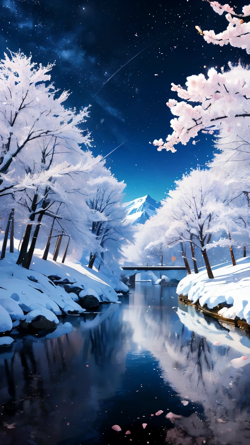 ((logo、masterpiece、8k、table top、RAW photo、wonderful、最high quality、フォトrealでvery detailedなCG統合8k壁紙、high quality、very detailed、Narrative poem、particle effects、dynamic effects、character border depth、cinematic light、Lens flare、ray tracing、table top、real:1.4、ultra high resolution:1.2、real、real))、fantasy、night、Wind、darkness、雪とhoarfrost、frigid winter day、snow-capped mountainや森、hoarfrost、snow-capped mountain々、The beauty and brilliance of frost-covered trees、Silent and beautiful grasslands in a world of ice and snow、vast land、Lakeside、wonderful景色、美しい自然のWind景、night空、Wind、cherry blossoms、cherry blossoms花びら舞っている、cherry blossoms吹雪、falling petals