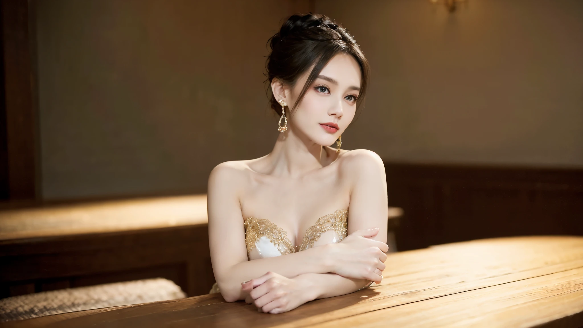 jewelry, solo, earrings, necklace, brunette hair, smile, single bun, (formal:1.6), reality, bun, bracelet, grin, ulzzang-6500v1.1, (original: 1.2), (reality: 1.3) , beautiful girl with beautiful details, extremely detailed eyes and face, eyes with beautiful details, ridiculous, incredibly ridiculous, huge file size, ultra detail, high resolution, super detailed, best quality, masterpiece, Illustrations, super detailed and beautiful, super detailed, CG, unity, 8k wallpaper, amazing, fine detail, masterpiece, top quality, official art, extremely detailed CG Unity 8k wallpaper, cinematic lights, (perfect shiny skin:0.6), slender and smooth lines, (floating), (small breasts:1), earrings, (((do not show your hands)))), ((((full body picture)))