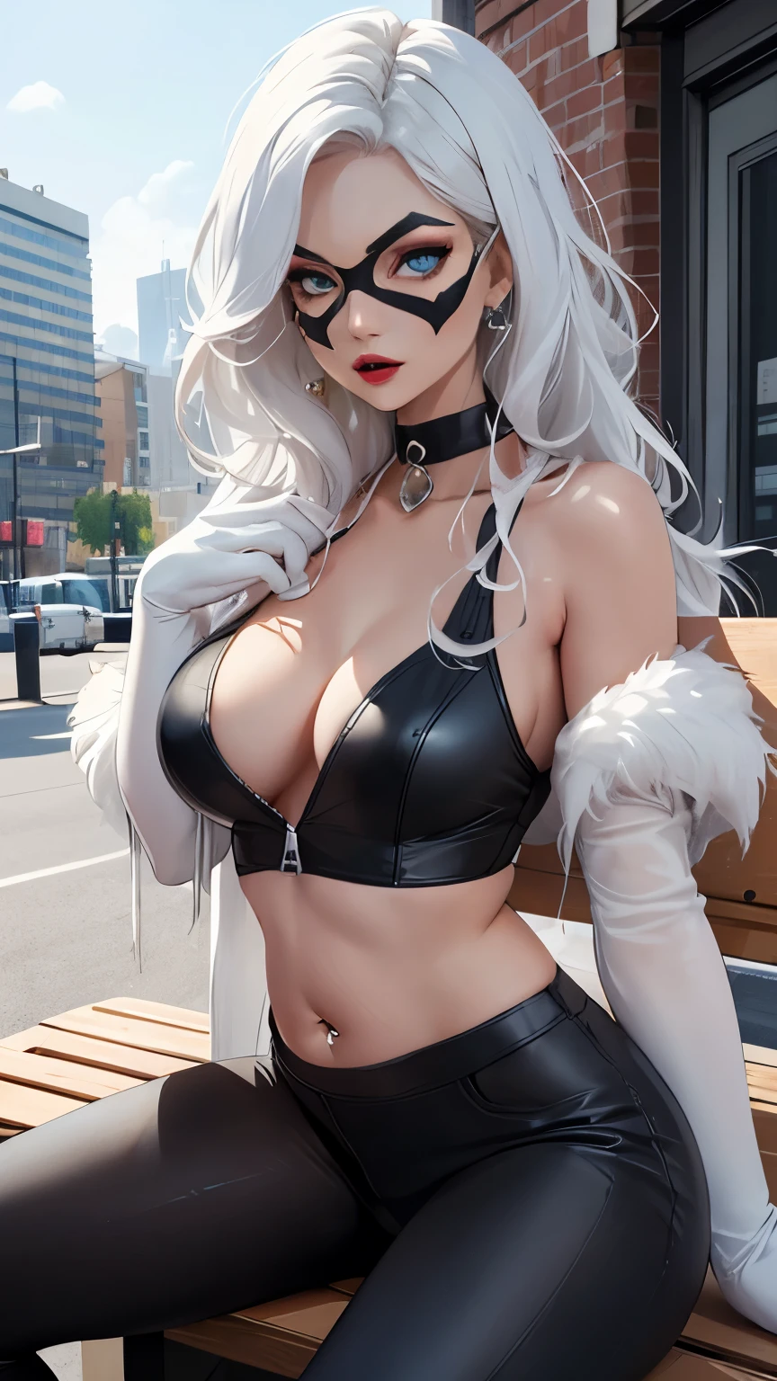 (Highly quality, masterpiece, detailed), city detailed scenario, city detailed background, solo, long hair, white hair, lipstick, blue eyes, makeup, collarbone, red lips, claws, mask, domino mask, white gloves, superhero, black cropped top, black pants, Sleeves, fur trim, cleavage, skin tight, zipper, unzipped, center opening, belly button piercing, bite her lips, beautiful eyes, sitting on a bench, Sexy pose