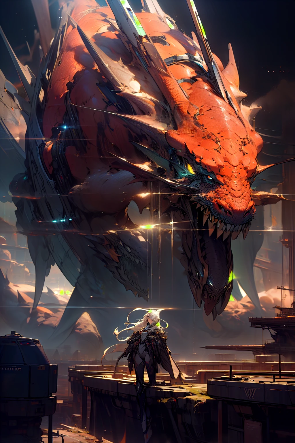 masterpiece, best quality, high quality, (futuristic:1.1), cinematic lighting, beautiful and aesthetic, ultra detailed, great composition, floating, depth of view, (extremely detailed CG, unity 8k wallpaper), (beautifully detailed background), beautiful hair details, dramatic lighting, mecha, gear, dragon, giant dragon, iron texture