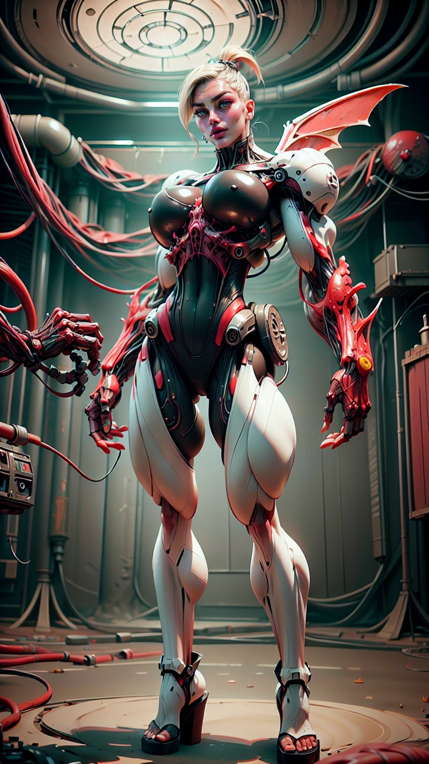 Cinematic, clear facial features and insanely detailed, the image captures the essence of (1 girl), (cara delevingne:1.25), (beautiful girl face:1.25), (muscular succubus demoness), (carnage skinless physique:1.25), (huge gigantic wings & horns:1.25), (undead skinless succubus:1.25), (covered in red necrotic rotting skinless muscle:1.25), (exposed muscular anatomy:1.25), (large demonic claws:1.25). The color grading is beautifully done, enhancing the overall cinematic feel. Unreal Engine makes her appearance even more mesmerizing. With depth of field (DOF), every detail is focused and accentuated, drawing attention to her eyes and hair. Peak image resolution utilizing super-resolution technology ensures pixel perfection. Cinematic lighting enhances her aura, while anti-aliasing techniques like FXAA and TXAA keep the edges smooth and clean. Adding realism to the muscular bio-mecha succubus , RTX technology enables ray tracing. Additionally, SSAO (Screen Space Ambient Occlusion) gives depth and realism to the scene, the girl's presence even more convincing. In the post-processing and post-production stages, tone mapping enhances the colors, creating a captivating visual experience. The integration of CGI (Computer-Generated Imagery) and VFX (Visual Effects brings out her demonic features seamlessly . Incredible level of detail, with intricate elements meticulously crafted, the artwork hyper maximalist and hyper-realistic. Volumetric effects add depth and dimension, with unparalleled photorealism. 8k resolution rendering ensures super detailed visuals. The volumetric lighting adds a touch of magic, highlighting her beauty and aura in an otherworldly way. High Dynamic Range (HDR) tech makes the colors pop, adding richness to the overall composition. Ultimately, this artwork presents an unreal, yet stunningly real portrayal of an incredibly beautiful bio-mecha succubus girl. The sharp focus ensures that every feature is crisply defined, creating a captivating presence.