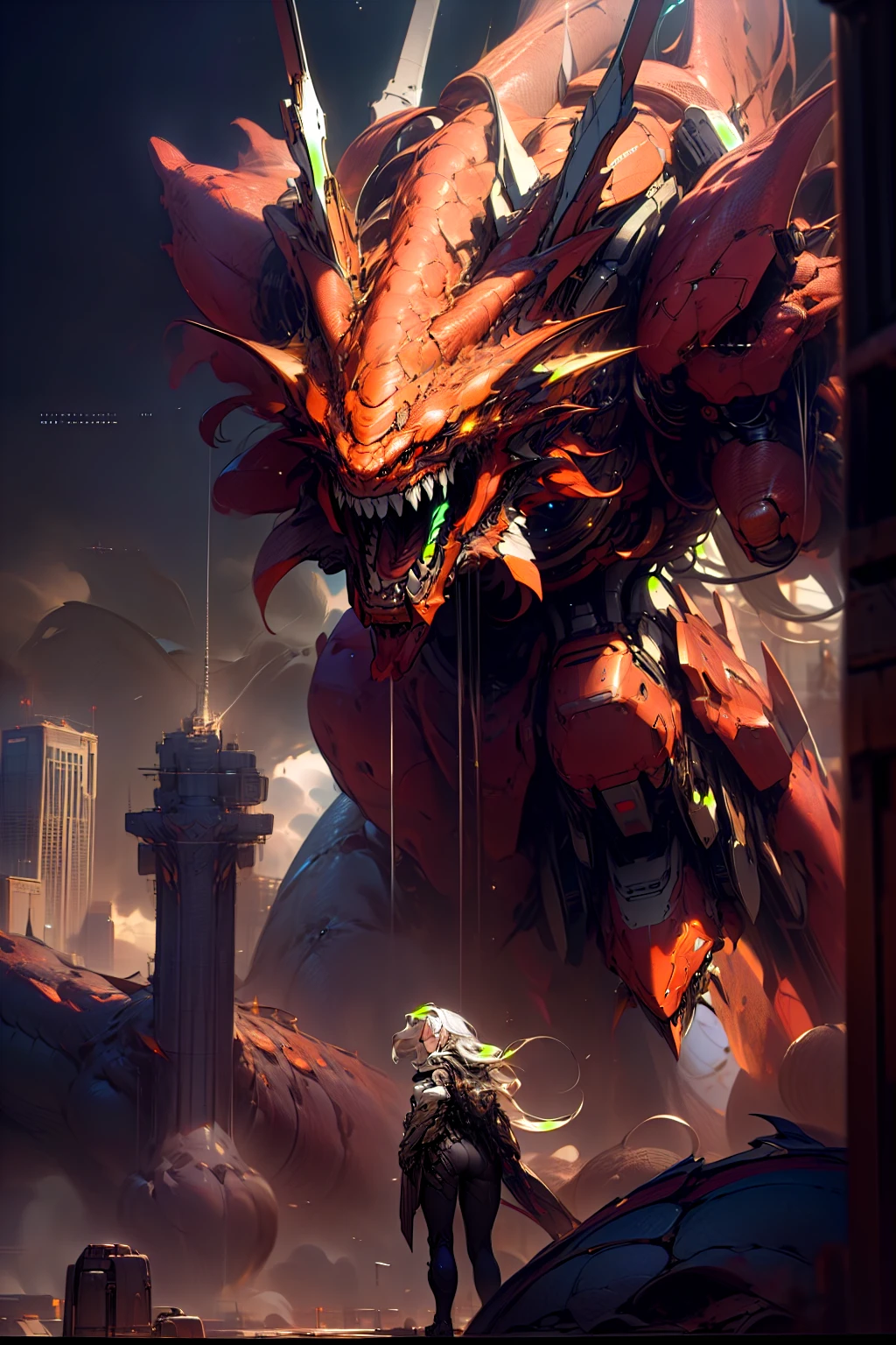 masterpiece, best quality, high quality, (futuristic:1.1), cinematic lighting, beautiful and aesthetic, ultra detailed, great composition, floating, depth of view, (extremely detailed CG, unity 8k wallpaper), (beautifully detailed background), beautiful hair details, dramatic lighting, mecha, gear, dragon, giant dragon, iron texture