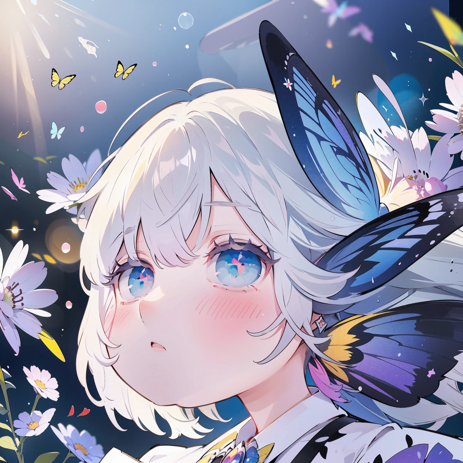 sketchbook,solemn expression,realistic lighting,soft brushstrokes,vibrant colors,butterfly wings,floral background,daytime scene