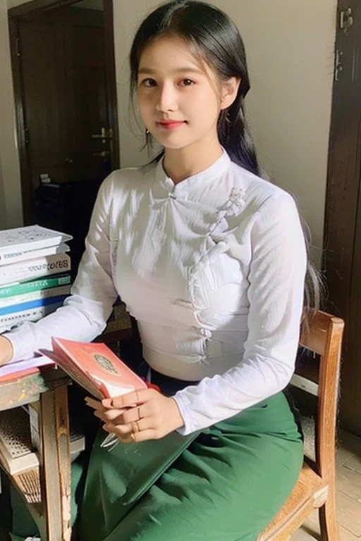 there is a woman standing in a green skirt and white shirt, nivanh chanthara, wearing traditional garb, traditional dress, wearing headmistress uniform, traditional clothes, wearing authentic attire, in style of lam manh, white shirt and green skirt, nuttavut baiphowongse, student, 30 years old woman