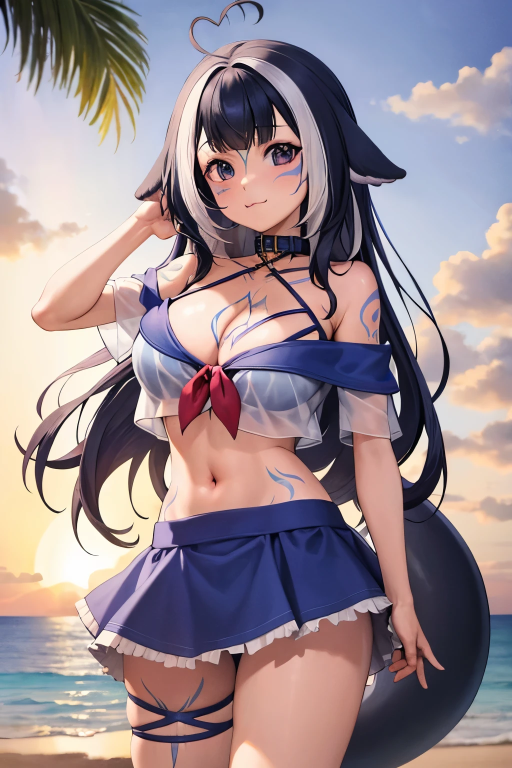 (masterpiece), (ultra-detailed), best quality, 8k, 1girl, solo, beach, ocean, shylilyfirst, :3, large breasts, cleavage, skirt, shirt, bikini, bikini under clothes, off-shoulder, see-through, see-through shirt, thigh strap, navel, sailor collar, , halterneck, criss-cross halter, facial mark, tattoo, cetacean tail, 