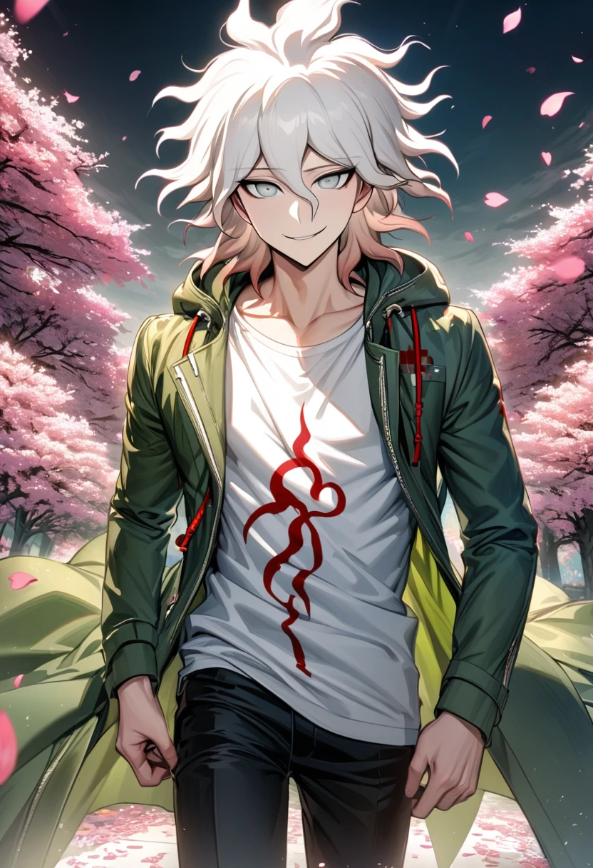 Ultra detailed, Highres, absurdres, HDR, Komaeda Nagito, white hair, silver eyes, green long coat, white tight t-shirt, Danganronpa 2, 1 man only, smirking, petals, flowers, handsome, pink leaves, spring, black pants