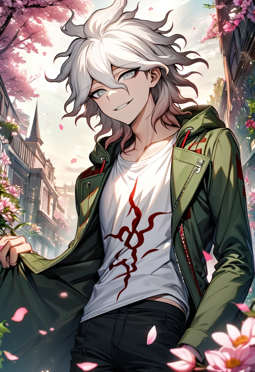 Ultra detailed, Highres, absurdres, HDR, Komaeda Nagito, white hair, silver eyes, green long coat, white tight t-shirt, Danganronpa 2, 1 man only, smirking, petals, flowers, handsome, pink leaves, spring, black pants