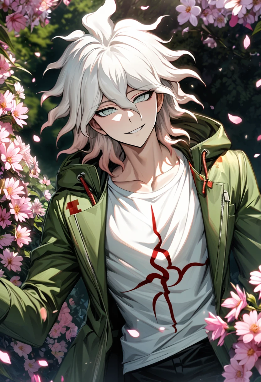 Ultra detailed, Highres, absurdres, HDR, Komaeda Nagito, white hair, silver eyes, green long coat, white tight t-shirt, Danganronpa 2, 1 man only, smirking, petals, flowers, handsome, pink leaves, spring, black pants
