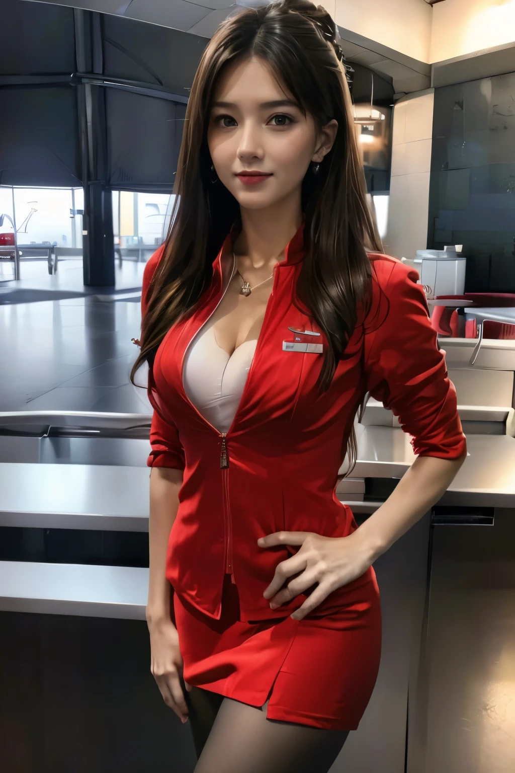 (masterpiece:1.2, highest quality:1.2), 32K HDR, High resolution, (alone, 1 girl), （Ultra-realistic portrait of an AirAsia stewardess in uniform）, neat woman, beautiful face, dark brown hair, (long hair down to waist), (red jacket:1.1, Unzipped jacket, unbuttoned white shirt:1.05, red mini skirt:1.1, pantyhose), perfect slim body:1.1, big breasts, huge cleavage, （show cleavage), detailed skin texture, fine eyes, (fascinating look:1.2), forward leaning posture:1.5、necklace、earrings、(Airport counter background, bright lighting),blue eyes、show your ears、Don&#39;t cover your ears with hair、long shot