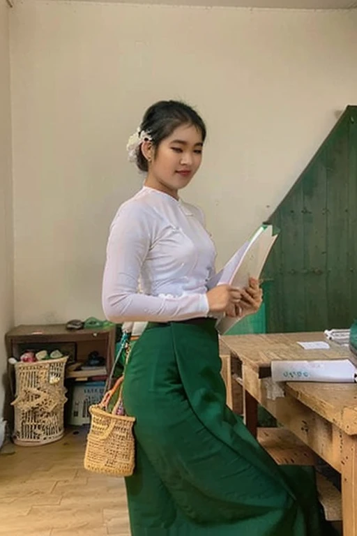 there is a woman standing in a green skirt and white shirt, nivanh chanthara, wearing traditional garb, traditional dress, wearing headmistress uniform, traditional clothes, wearing authentic attire, in style of lam manh, white shirt and green skirt, nuttavut baiphowongse, student, 30 years old woman