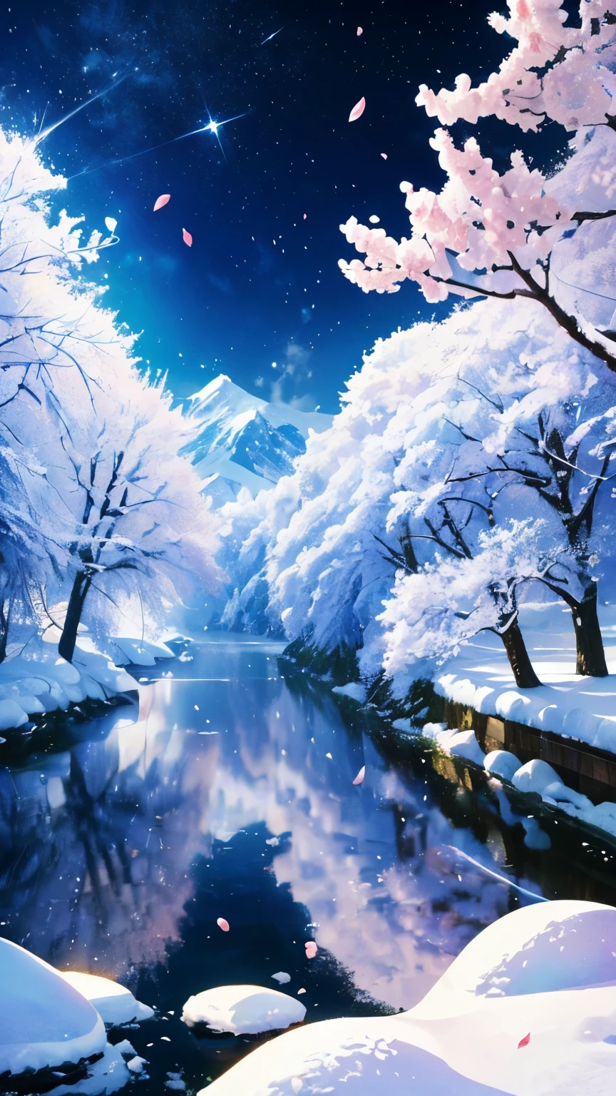 ((logo、masterpiece、8k、table top、RAW photo、wonderful、最high quality、フォトrealでvery detailedなCG統合8k壁紙、high quality、very detailed、Narrative poem、particle effects、dynamic effects、character border depth、cinematic light、Lens flare、ray tracing、table top、real:1.4、ultra high resolution:1.2、real、real))、fantasy、night、Wind、darkness、雪とhoarfrost、frigid winter day、snow-capped mountainや森、hoarfrost、snow-capped mountain々、The beauty and brilliance of frost-covered trees、Silent and beautiful grasslands in a world of ice and snow、vast land、Lakeside、wonderful景色、美しい自然のWind景、night空、Wind、cherry blossoms、cherry blossoms花びら舞っている、cherry blossoms吹雪、falling petals