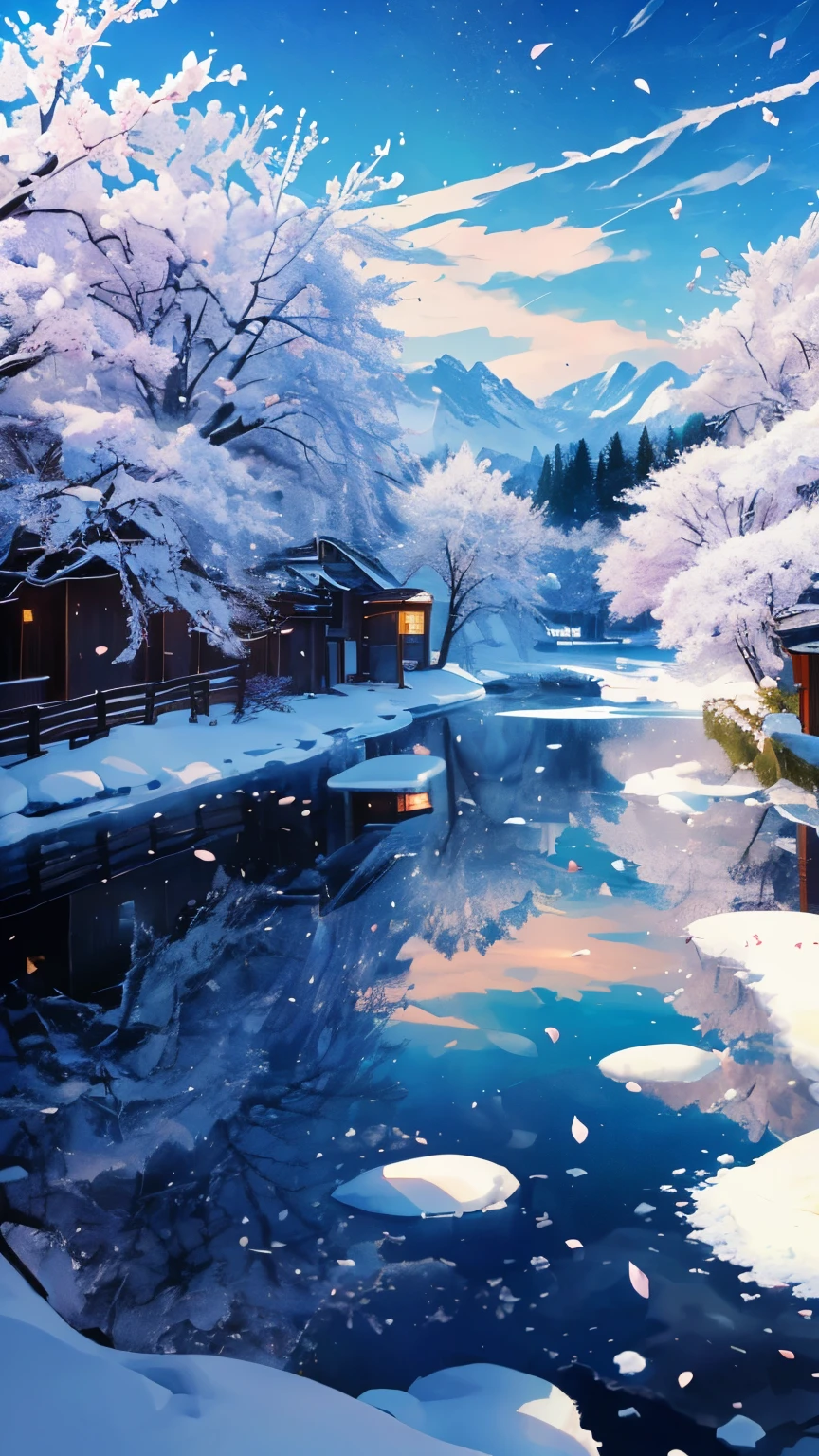 ((logo、masterpiece、8k、table top、RAW photo、wonderful、最high quality、フォトrealでvery detailedなCG統合8k壁紙、high quality、very detailed、Narrative poem、particle effects、dynamic effects、character border depth、cinematic light、Lens flare、ray tracing、table top、real:1.4、ultra high resolution:1.2、real、real))、fantasy、night、Wind、darkness、雪とhoarfrost、frigid winter day、snow-capped mountainや森、hoarfrost、snow-capped mountain々、The beauty and brilliance of frost-covered trees、Silent and beautiful grasslands in a world of ice and snow、vast land、Lakeside、wonderful景色、美しい自然のWind景、night空、Wind、cherry blossoms、cherry blossoms花びら舞っている、cherry blossoms吹雪、falling petals