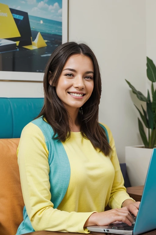 A smiling woman working from home with a laptop and a smartphone, Image style: Modern, professional, inspirational.
Image emotions: Happiness, freedom, success, Image colors: Blue, green, yellow.