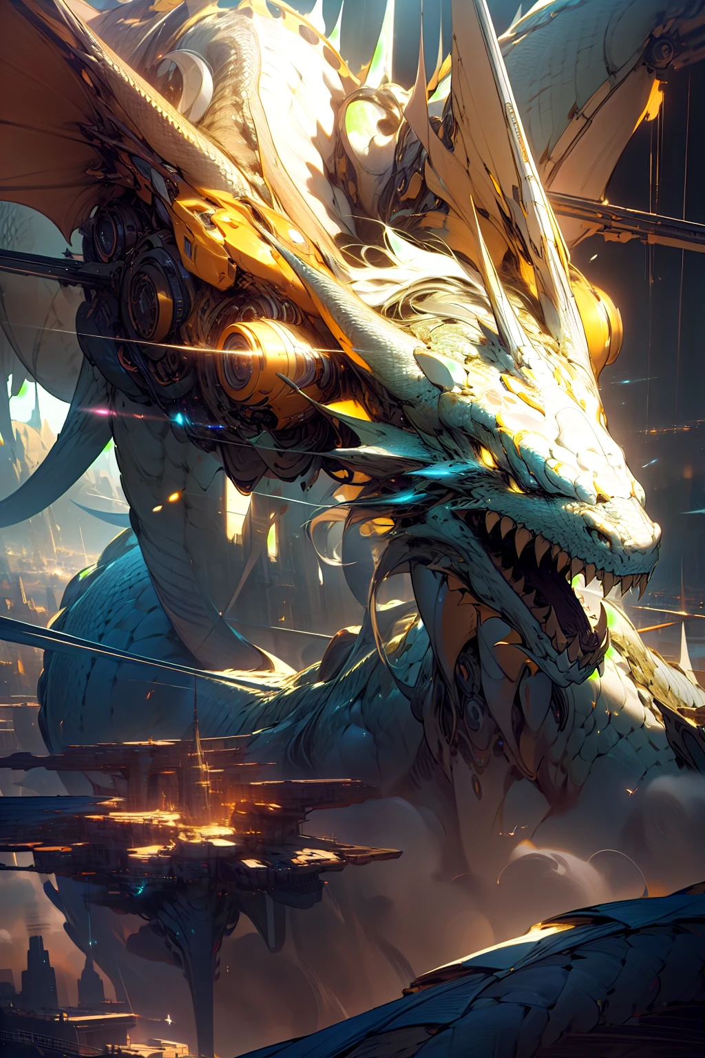masterpiece, best quality, high quality, (futuristic:1.1), cinematic lighting, beautiful and aesthetic, ultra detailed, great composition, floating, depth of view, (extremely detailed CG, unity 8k wallpaper), (beautifully detailed background), beautiful hair details, dramatic lighting, mecha, gear, dragon, giant yellow and white dragon, flying
