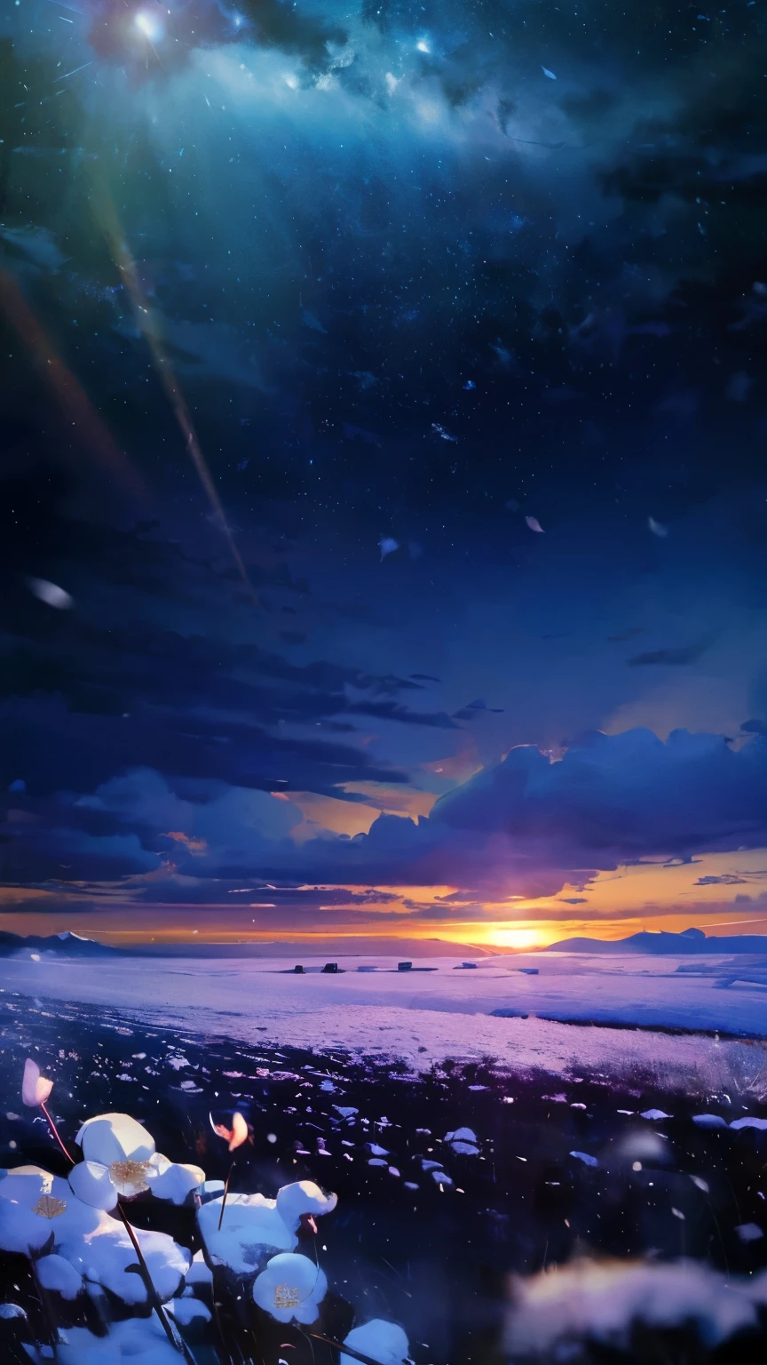 ((logo、masterpiece、8k、table top、RAW photo、wonderful、最high quality、フォトrealでvery detailedなCG統合8k壁紙、high quality、very detailed、Narrative poem、particle effects、dynamic effects、character border depth、cinematic light、Lens flare、ray tracing、table top、real:1.4、ultra high resolution:1.2、real、real))、fantasy、night、Wind、darkness、雪とhoarfrost、frigid winter day、snow-capped mountainや森、hoarfrost、snow-capped mountain々、The beauty and brilliance of frost-covered trees、Silent and beautiful grasslands in a world of ice and snow、vast land、Lakeside、wonderful景色、美しい自然のWind景、night空、Wind、cherry blossoms、cherry blossoms花びら舞っている、cherry blossoms吹雪、falling petals