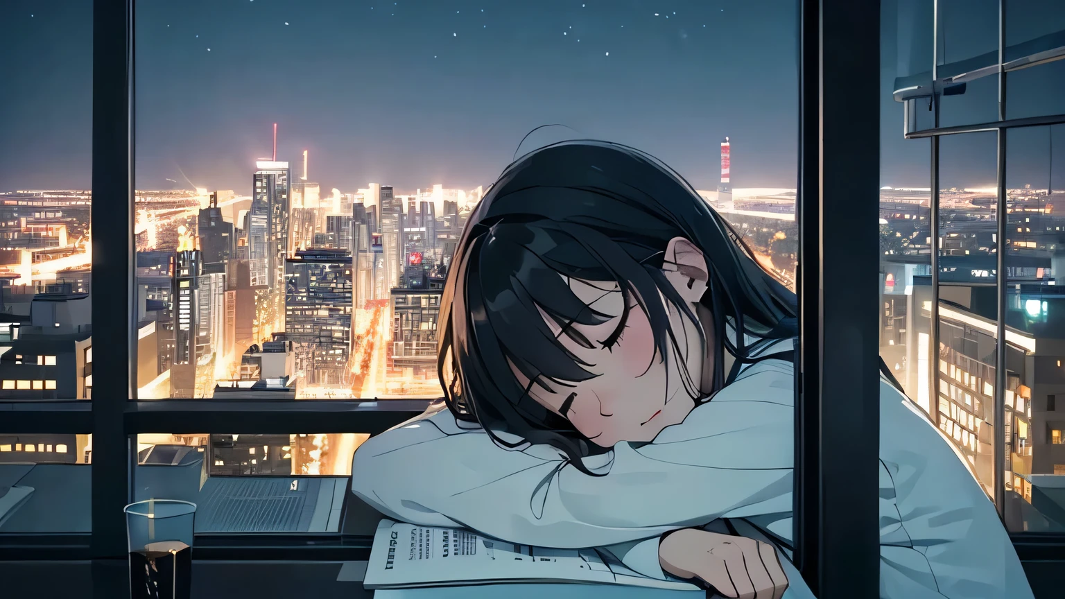 Late night quiet time、With city lights from the window in the background、Relaxed girl listening to lo-fi music、Please draw a scene of someone falling asleep.。clear face。