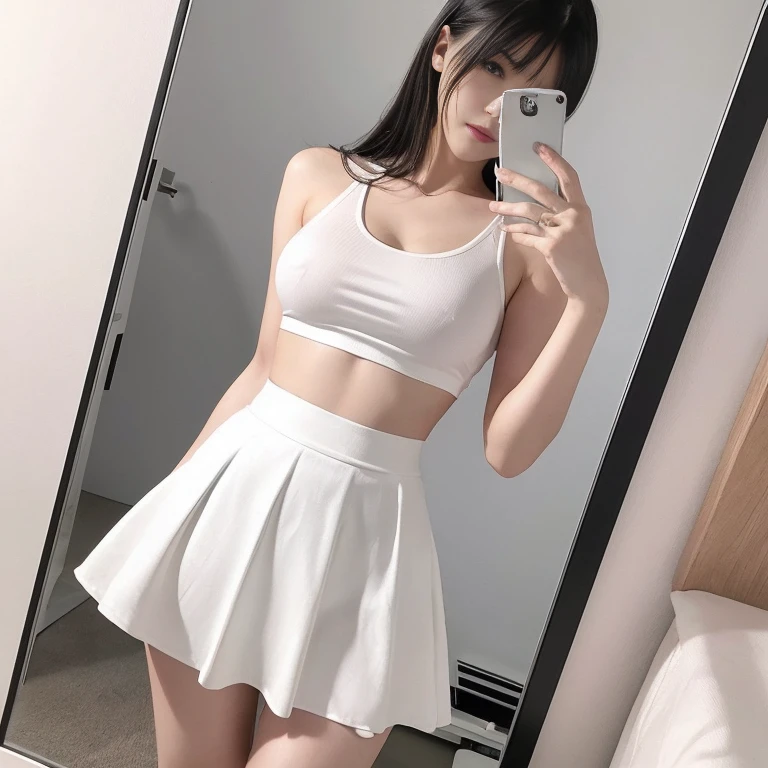 debris flies、highest quality、super fine、got it、High resolution、8k wallpaper、perfect dynamic composition、(((Full body Esbian)))、((from below))、20 year old cute girl、detailed beautiful face、delicate and cute eyes、fine-textured skin、My cheeks turned red、(wavy black hair)、thin legs、Please generate at the eaves、take a selfie with your mobile phone、room、wearing a white tank top、white background、wearing hot pants、I can see your pants、panty shot、The exact shape of the areola、transparent areola、The nipples are transparent、Taking a selfie in front of the mirror with your smartphone、Wearing a white tight skirt