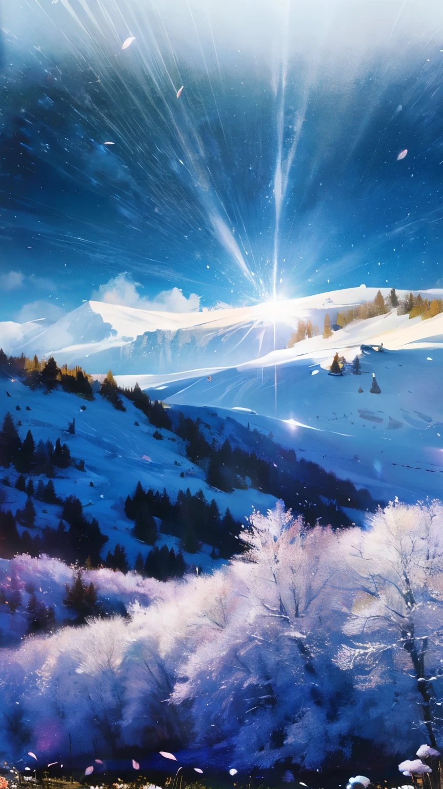 ((logo、masterpiece、8k、table top、RAW photo、wonderful、最high quality、フォトrealでvery detailedなCG統合8k壁紙、high quality、very detailed、Narrative poem、particle effects、dynamic effects、character border depth、cinematic light、Lens flare、ray tracing、table top、real:1.4、ultra high resolution:1.2、real、real))、fantasy、night、Wind、darkness、雪とhoarfrost、frigid winter day、snow-capped mountainや森、hoarfrost、snow-capped mountain々、The beauty and brilliance of frost-covered trees、Silent and beautiful grasslands in a world of ice and snow、vast land、Lakeside、wonderful景色、美しい自然のWind景、night空、Wind、cherry blossoms、cherry blossoms花びら舞っている、cherry blossoms吹雪、falling petals