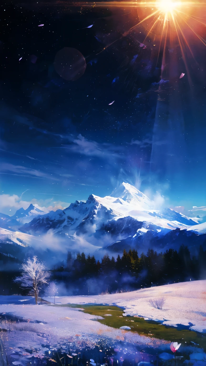 ((logo、masterpiece、8k、table top、RAW photo、wonderful、最high quality、フォトrealでvery detailedなCG統合8k壁紙、high quality、very detailed、Narrative poem、particle effects、dynamic effects、character border depth、cinematic light、Lens flare、ray tracing、table top、real:1.4、ultra high resolution:1.2、real、real))、fantasy、night、Wind、darkness、雪とhoarfrost、frigid winter day、snow-capped mountainや森、hoarfrost、snow-capped mountain々、The beauty and brilliance of frost-covered trees、Silent and beautiful grasslands in a world of ice and snow、vast land、Lakeside、wonderful景色、美しい自然のWind景、night空、Wind、cherry blossoms、cherry blossoms花びら舞っている、cherry blossoms吹雪、falling petals