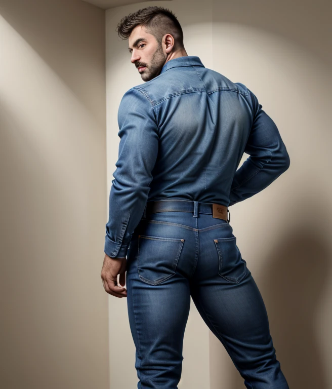 1male, vaqueros, musculoso,  rostro, realista, foto, real foto, jeans, full body, backside