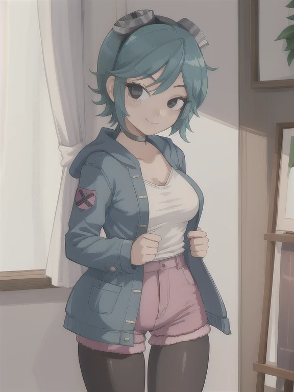 masterpiece, best quality, 1girl, solo, (chibi:0.7), closed mouth, smile, looking at viewer, scottpilgrimvstheworld, denim shorts, pink pantyhose, wintercoat, black camisole, ramona flowers, indoors,
