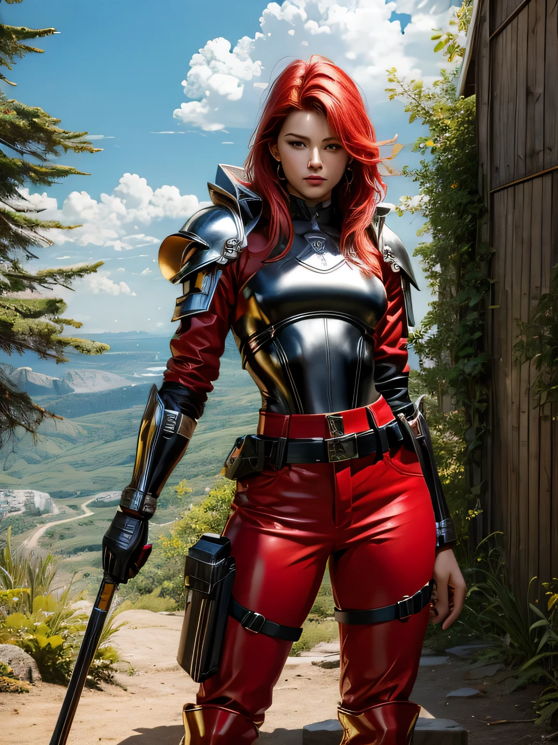 1 girl, dynamic pose, running ,trissmerigold,brown eyes,red hair, hair bun, white shirt, (borwn leather) corset, capelet, gloves, belt, pants, boots disgutsting place, dirt, trash,