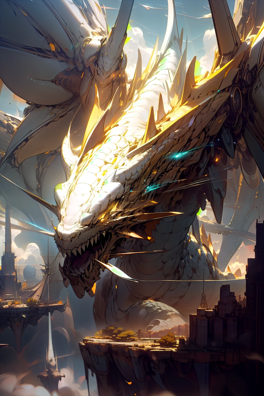 masterpiece, best quality, high quality, (futuristic:1.1), cinematic lighting, beautiful and aesthetic, ultra detailed, great composition, floating, depth of view, (extremely detailed CG, unity 8k wallpaper), (beautifully detailed background), beautiful hair details, dramatic lighting, mecha, gear, dragon, giant yellow and white dragon, flying, sky