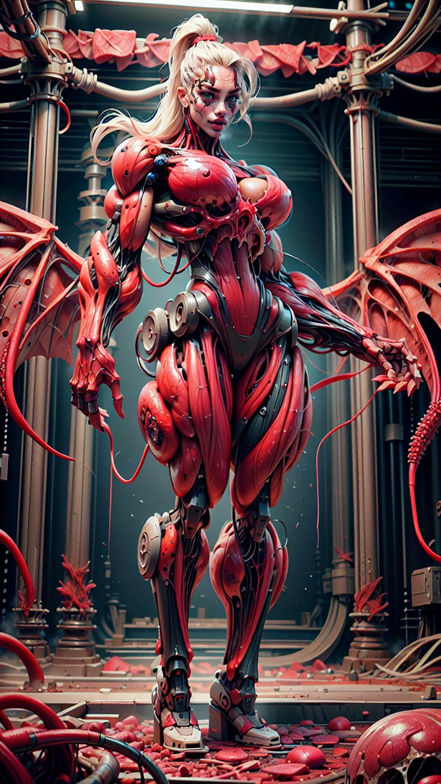 Cinematic, clear facial features and insanely detailed, the image captures the essence of (1 girl), (cara delevingne:1.25), (beautiful girl face:1.25), (muscular succubus demoness), (carnage skinless physique:1.25), (huge gigantic wings & horns:1.25), (undead skinless succubus:1.25), (covered in red necrotic rotting skinless muscle:1.25), (exposed muscular anatomy:1.25), (large demonic claws:1.25). The color grading is beautifully done, enhancing the overall cinematic feel. Unreal Engine makes her appearance even more mesmerizing. With depth of field (DOF), every detail is focused and accentuated, drawing attention to her eyes and hair. Peak image resolution utilizing super-resolution technology ensures pixel perfection. Cinematic lighting enhances her aura, while anti-aliasing techniques like FXAA and TXAA keep the edges smooth and clean. Adding realism to the muscular bio-mecha succubus , RTX technology enables ray tracing. Additionally, SSAO (Screen Space Ambient Occlusion) gives depth and realism to the scene, the girl's presence even more convincing. In the post-processing and post-production stages, tone mapping enhances the colors, creating a captivating visual experience. The integration of CGI (Computer-Generated Imagery) and VFX (Visual Effects brings out her demonic features seamlessly . Incredible level of detail, with intricate elements meticulously crafted, the artwork hyper maximalist and hyper-realistic. Volumetric effects add depth and dimension, with unparalleled photorealism. 8k resolution rendering ensures super detailed visuals. The volumetric lighting adds a touch of magic, highlighting her beauty and aura in an otherworldly way. High Dynamic Range (HDR) tech makes the colors pop, adding richness to the overall composition. Ultimately, this artwork presents an unreal, yet stunningly real portrayal of an incredibly beautiful bio-mecha succubus girl. The sharp focus ensures that every feature is crisply defined, creating a captivating presence.