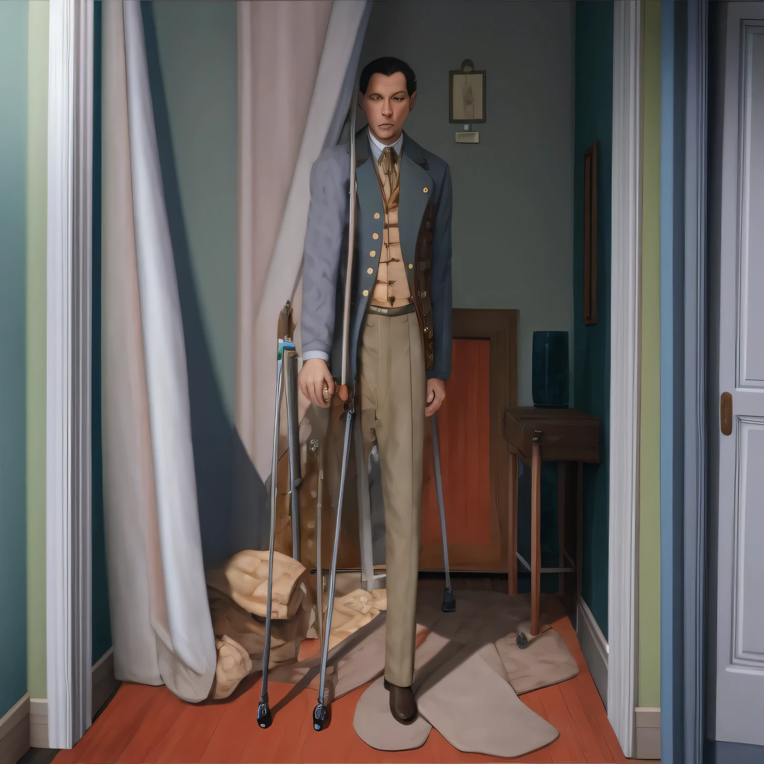 model shoot style, (Extremely detailed CG unity 8k wallpaper), (Full body photo of a 40-year-old man who returned from the war after having lost a leg in combat, dressed as an officer in a blue frock coat, he is standing, motionless, (leaning on crutches under his armpits), (the trouser right leg where the limb is missing is bent and gathered upwards), his gaze is serious almost angry :1.7), the character's environment is the living room of an old English house from the 19th century, decorated in the style of the time. Consider optimizing the lighting, shadows, and textures for an immersive and mysterious visual and upscalable image. professional majestic oil painting by Ed Blinkey, Atey Ghailan, Studio Ghibli, by Jeremy Mann, Greg Manchess, Antonio Moro, trending on artstation, trending on CGSociety, intricate, high detail, sharp focus, dramatic, Midjourney photorealistic painting art and Greg Rutkowski.