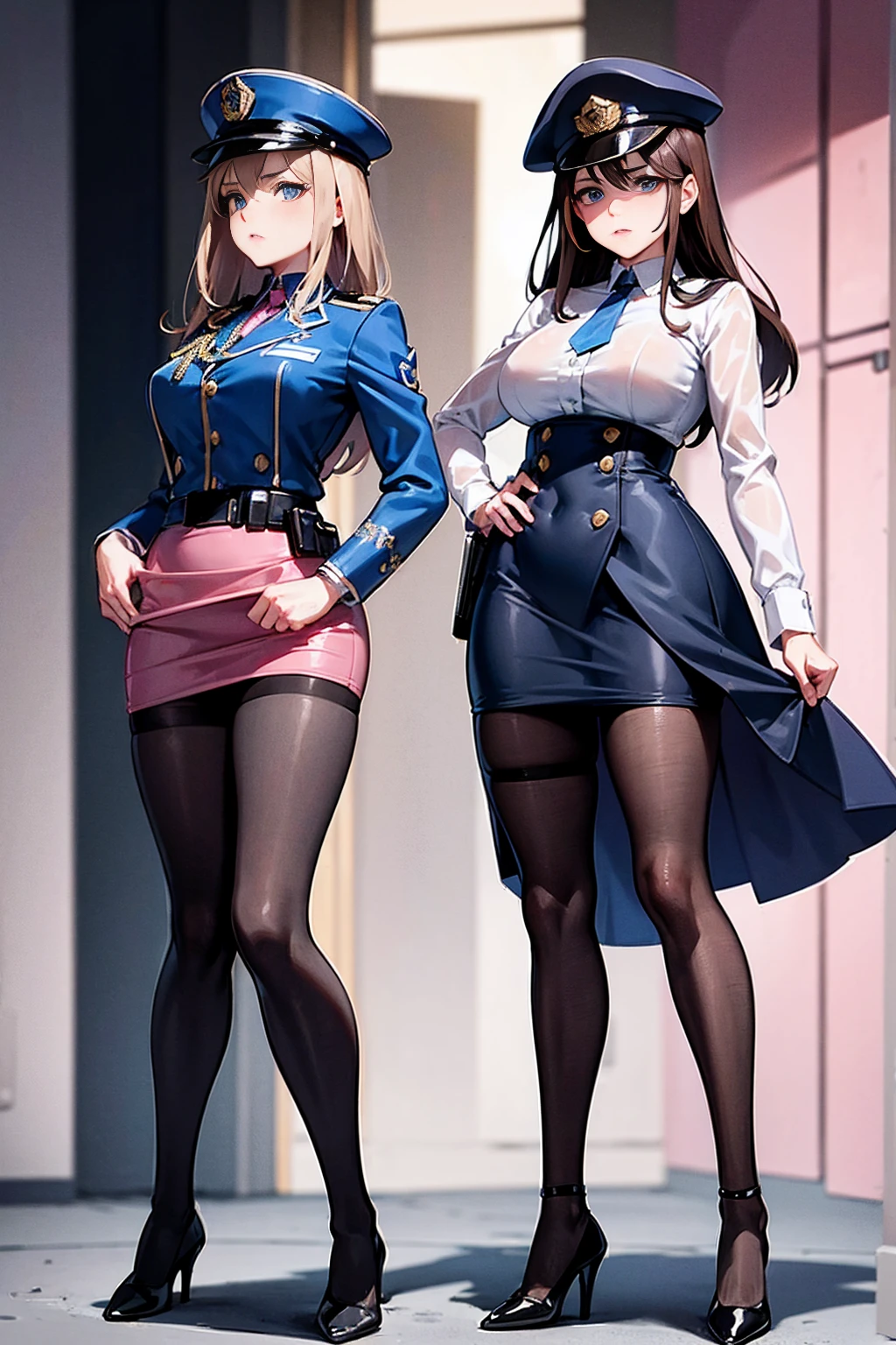 multiple girls, 3girls, standing, giantess art, highly detailed giantess shots, giantess, most detailed, perfect face, Two legs, Five fingers, short hair, A beautiful girl who is bigger than a skyscraper, Wearing rimless glasses, smile, huge breasts, magical girl dress, bow, magical girl, holding a magical wand, black pantyhose, stiletto heels, thunderbolt from a magical wand, seaside metropolis, numerous miniature warships on the sea, Destroying cities, Under heavy attack, A very small big city, Miniature metropolis, Full body description, GTS, giga giantess, stomping city, crash city, tiny city, micro city, pantyhose feet, High resolution, highest quality, masterpiece,