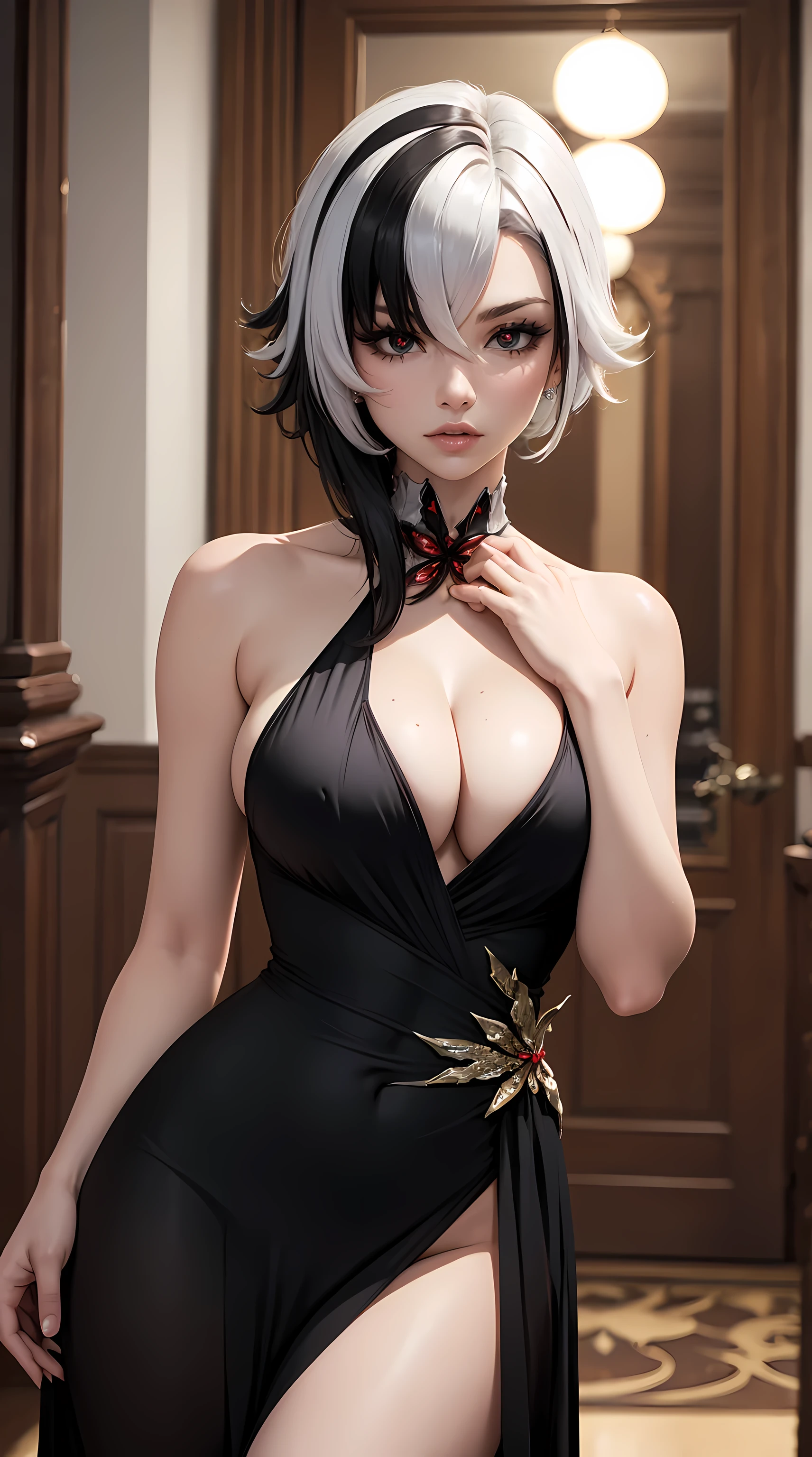 Beautiful white mixed with black hair woman is shown to have a slender figure, she is wearing a beautiful sexy dress, red x eyes, girl standing in a gala ballroom, sexy session, putting her hands on her waist, poseing, exposed cleavage, cowboy shot, superior quality, many details, realistic