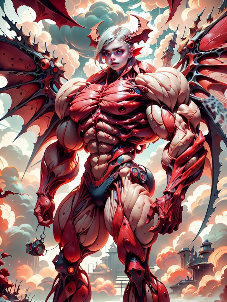 Character description: (1 girl), (cara delevingne:1.25), (beautiful girl face:1.25), (muscular succubus demoness), (carnage skinless physique:1.25), (huge gigantic wings & horns:1.25), (undead skinless succubus:1.25), (covered in red necrotic rotting skinless muscle:1.25), (exposed muscular anatomy:1.25), (large demonic claws:1.25). Character pose: Standing with legs closed, Arms spread apart, Wings spread out, (Whole body pose), Front View. Character expression: psychotic laughter, sharp teeth, beautiful cute girl face, red eyes, scary and horrific. Scene description: anatomic tech world morph, hellish landscape, Hellraiser like atmosphere. Scene Quality: (8k, RAW photo, photorealistic:1.25).