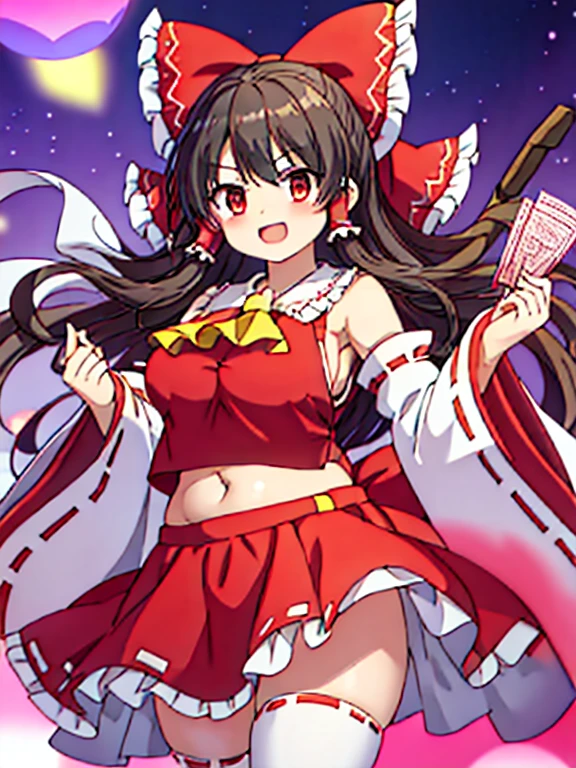 Anime illustration、highest quality、Reimu Hakurei、Perfect proportions、Large-scale shrine、Large Torii Gate、overwhelmingly big breasts、very thick thighs、Beautiful, shining eyes、Cowboy Shot、smile、Noise Reduction