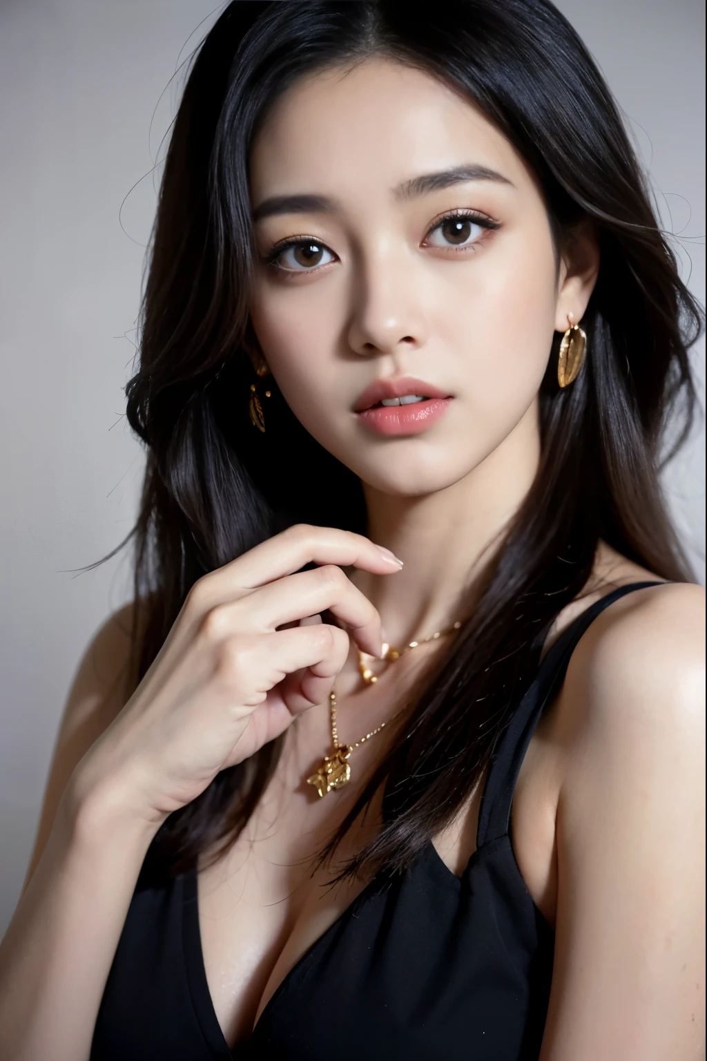 (masterpiece:1.3), (8 thousand, realistic, RAW photos, best quality: 1.4), (1 woman),(very sexy), (Beautiful makeover), (유난히 아름다운 realistic 얼굴), (Build a beautiful body) , (beautiful face), (beautiful face), (long eyelashes), (double eyelid), (realistic face), (black hair. parted, long hair:1.3), (아름다운 parted스타일), (realistic eyes), (really beautiful and delicate eyes), (realistic skin), (beautiful skin), (absurd), (attractive), (ultra high resolution), (extremely realistic), (very detailed), (golden ratio), (necklace), (earring), (So beautiful and sexy)