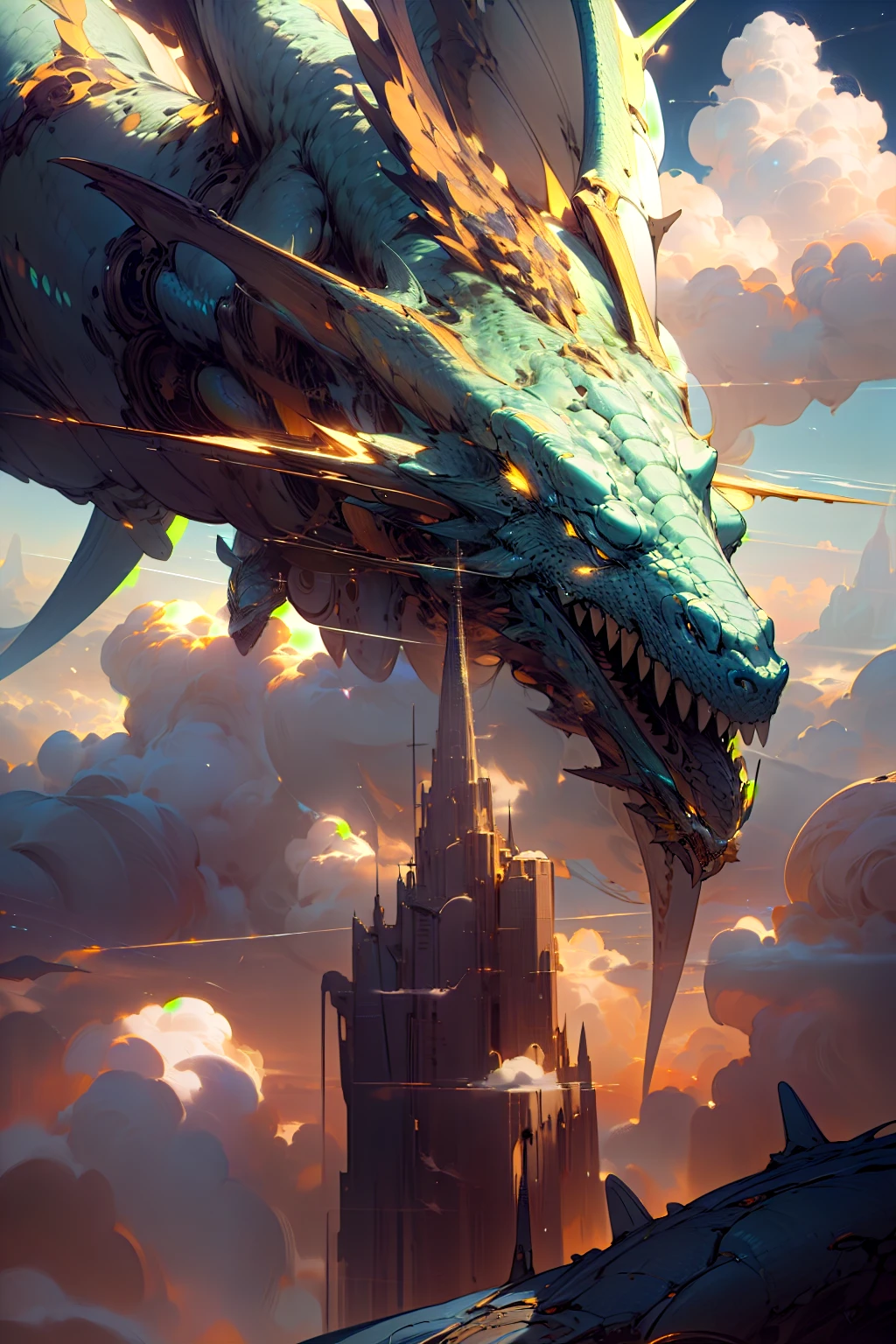 masterpiece, best quality, high quality, (futuristic:1.1), cinematic lighting, beautiful and aesthetic, ultra detailed, great composition, flyght scene, sky, clouds, depth of view, (extremely detailed CG, unity 8k wallpaper), (beautifully detailed background), beautiful hair details, dramatic lighting, mecha, gear, dragon, giant yellow and white dragon, flying, sky