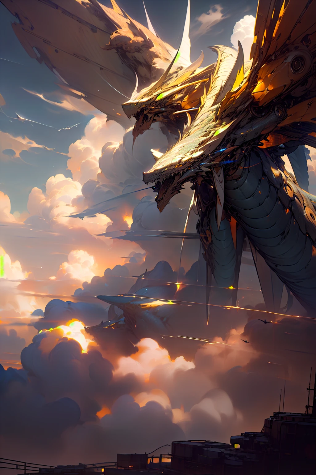 masterpiece, best quality, high quality, (futuristic:1.1), cinematic lighting, beautiful and aesthetic, ultra detailed, great composition, flyght scene, sky, clouds, depth of view, (extremely detailed CG, unity 8k wallpaper), (beautifully detailed background), beautiful hair details, dramatic lighting, mecha, gear, dragon, giant yellow and white dragon, flying, sky