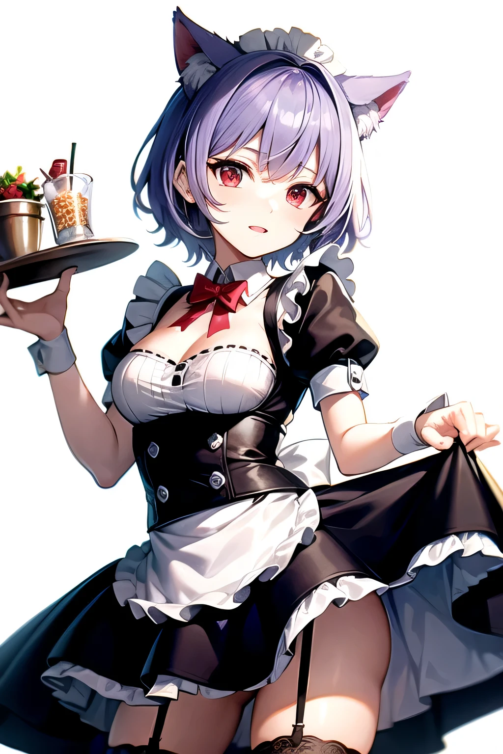 Light purple hair, short hair, maid with cat ears, maid outfit, garter belt, standing picture, white background, red eyes