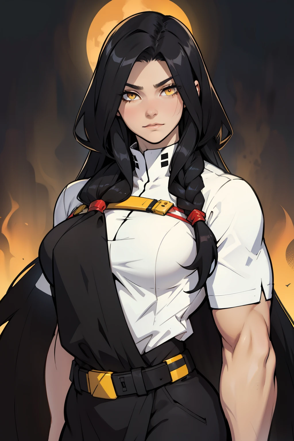 female long hair long hair long hair long hair long hair long hair black hair yellow eyes pale skin muscular large breasts girl looking at viewer