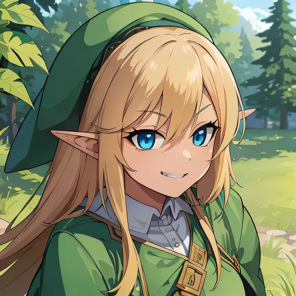 high quality, masterpiece. Elf girl. green hunting cloak. hat. Blue eyes. blonde hair. sly smile. teeth. A cunning face. against the background of sky and forest. Detailed eyes.
