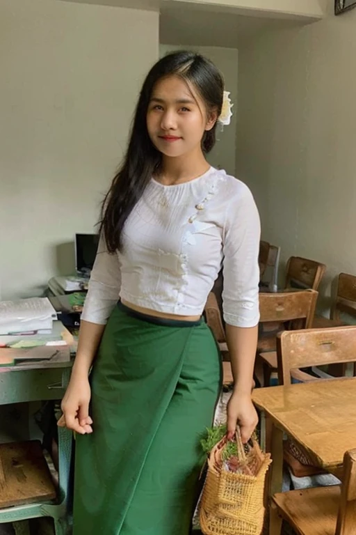 there is a woman standing in a green skirt and white shirt, nivanh chanthara, wearing traditional garb, traditional dress, wearing headmistress uniform, traditional clothes, wearing authentic attire, in style of lam manh, white shirt and green skirt, nuttavut baiphowongse, student, 30 years old woman