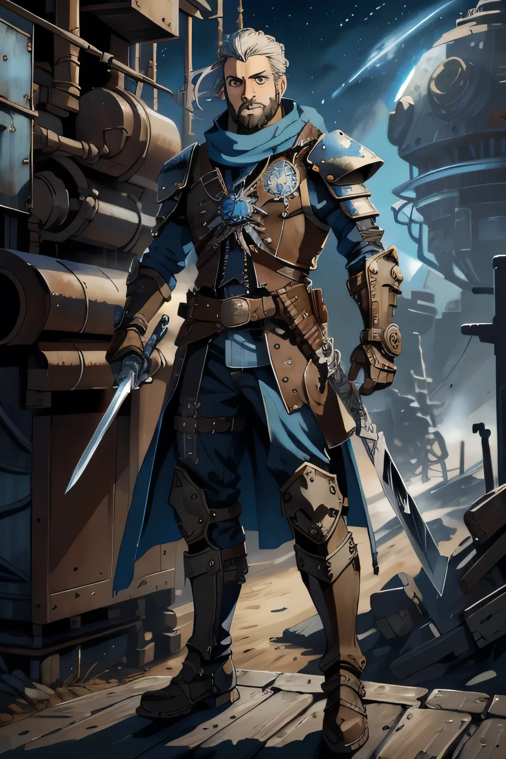 Masterpiece, best quality, steampunk, standing on the bridge of a space ship, 1_man, handsome, full body, looking away from camera, intrigued expression, (smirk on face), White hair, medium hair length, blue eyes, scruffy beard, wearing leather body armor, officers coat, SteamPunk Eye, black gloves, one robotic arm, holding sword, blue bandit scarf around neck, knee pads, tall leather boots, gears, belts, sword blade, sword, long blade, long sword blade, Warhammer 40k, Space, Stars, Silver Chest piece,
