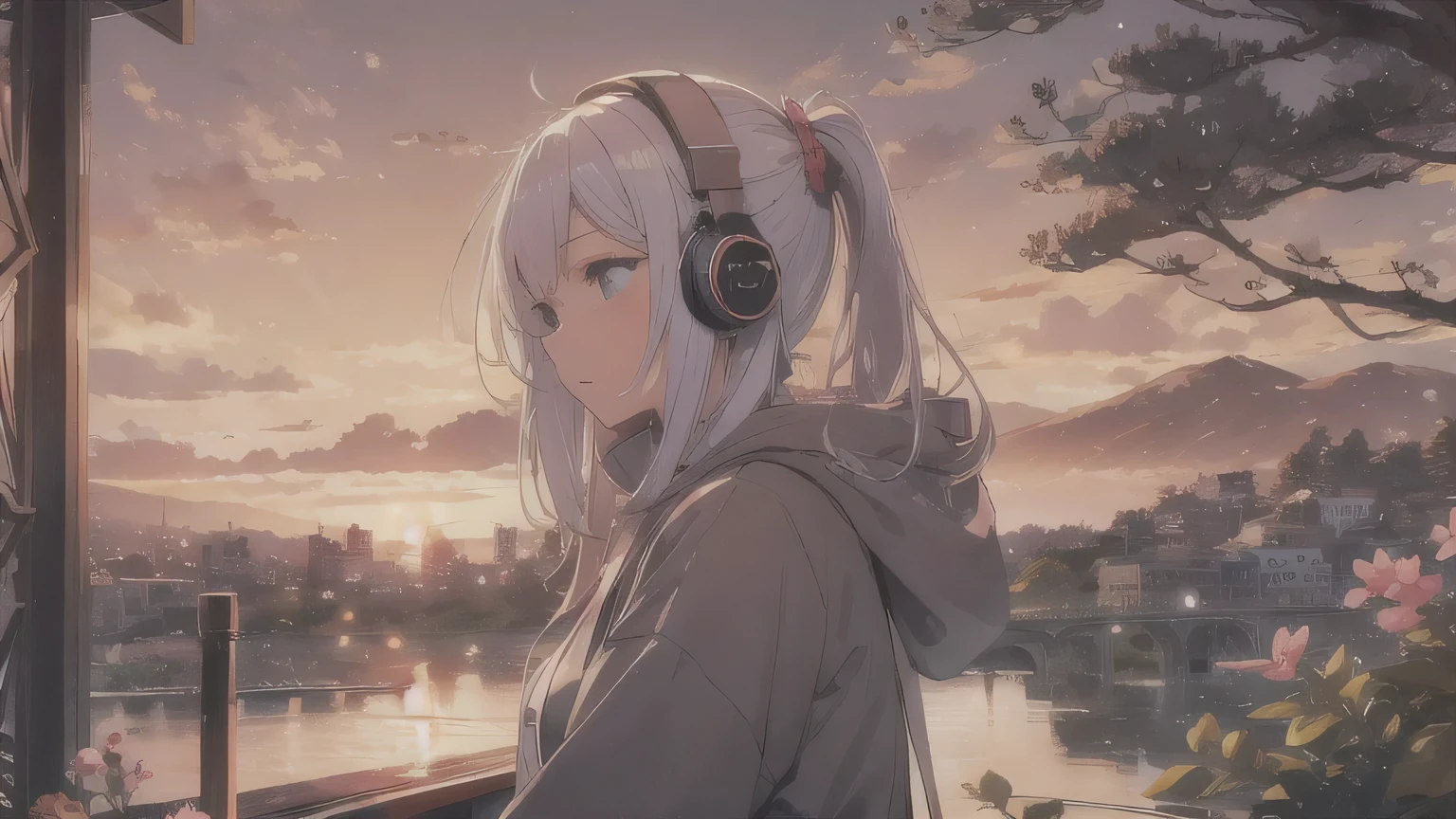 In a beautiful landscape where the city and countryside blend together、A girl with earphones wrapped in a hoodie、Draw a picture of someone chilling out at the end of the day as the sun sets.。