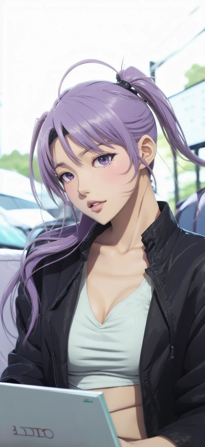 anime girl with purple hair and a black jacket sitting in front of a laptop, misato katsuragi, marin kitagawa fanart, jojo anime style, miura kentaro style, illustrious makinami, portrait knights of zodiac girl, anime moe artstyle, inspired by Rei Kamoi, inspired by Okumura Masanobu, anya from spy x family