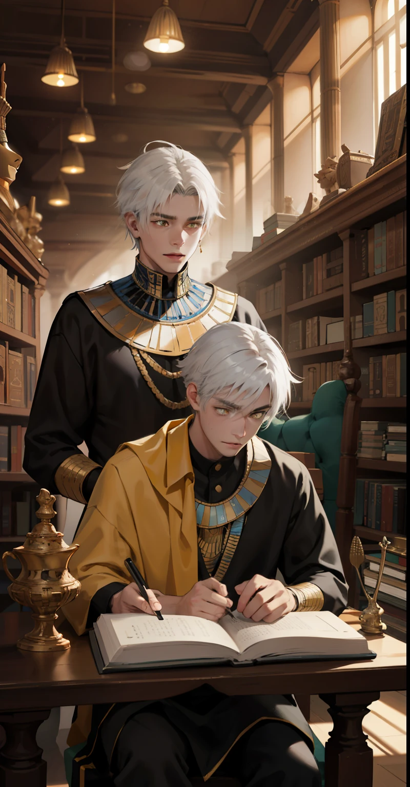 There are two men, one sitting, the other standing in the back, they are 15 and 19 years old, they are in a luxurious and ancient Egyptian library, they are wearing black and yellow Egyptian tunics, white hair, yellow eyes.