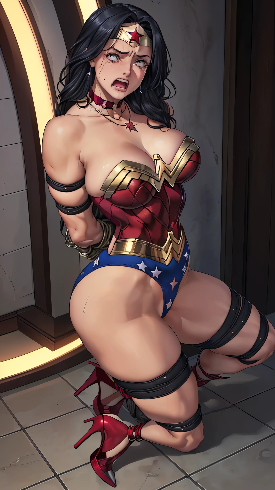 (((Mulher maravilha numa cela de pedras))) (((muito Surrada, muito torturada, muito estuprada,muito humilhada,muito derrotada))),((SUPERHEROINE mulher maravilha IS A FILTHY OLD WHORE)), ((emotional expression,expression of pain and despair, gritando de dor, expression of suffering, olhos arregalados)),(Wonder Woman is standing, on tiptoe), (She's crying a loa tem cabelo preto, ela tem cabelo longo)), ((She wears a thick metal necklace around her neck.)), (Ela esta vestindo roupas imorais, she is wearing indecent clothes), (obra-prima, melhor qualidade) 1.5, 1 garota, sozinho, (sexy, mulher bonita, rosto perfeito, olhos perfeitos), corpo inteiro. ((She is wearing starry lace panties)), tears running down your face)), ((WonderWoman in Strappado bondage ,arms are bound behind their back, then by use of some method of attachment such as a rope or chain that runs from their wrists to a securing point above)), (((emotional expression,expression of pain and despair, gritando de dor, expression of suffering, olhos arregalados, expression of fear, corpo se contorcendo de dor))), ((She is wearing high heels stilettos))