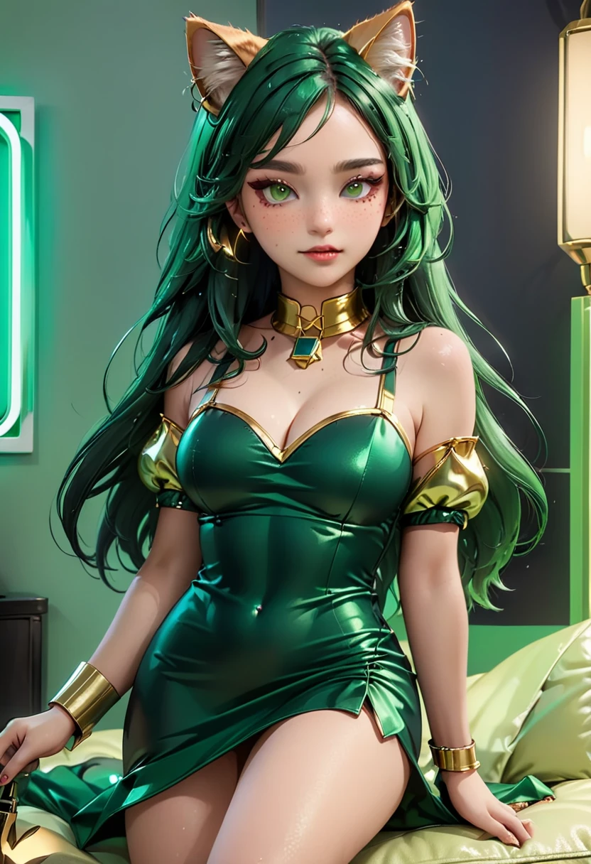 de 20 anos com cabelo comprido, kitten head, olhos de cor verde, cabelo verde, olhos afiados, olhando para telespectador, orelhinha de gatinho, corpo perfeito, corpo magro, medium breasts, cintura perfeita, defined abdomen with a dark green dress with gold details, em quarto gamer e luzes neon, e controle de PlayStation 5 na mão.