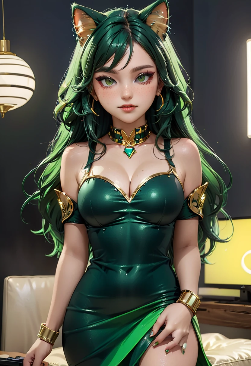 de 20 anos com cabelo comprido, kitten head, olhos de cor verde, cabelo verde, olhos afiados, olhando para telespectador, orelhinha de gatinho, corpo perfeito, corpo magro, medium breasts, cintura perfeita, defined abdomen with a dark green dress with gold details, em quarto gamer e luzes neon, e controle de PlayStation 5 na mão.