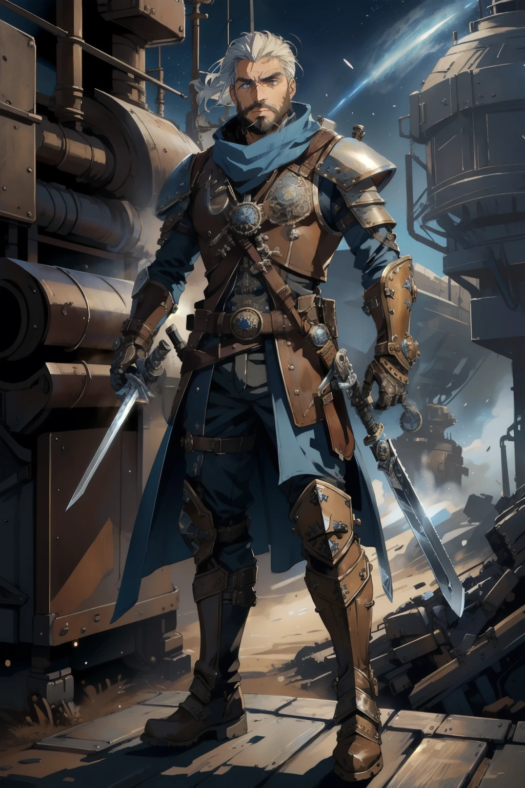 Masterpiece, best quality, steampunk, standing on the bridge of a space ship, 1_man, handsome, full body, looking away from camera, intrigued expression, (smirk on face), White hair, medium hair length, blue eyes, scruffy beard, wearing leather body armor, officers coat, SteamPunk Eye, black gloves, one robotic arm, holding sword, blue bandit scarf around neck, knee pads, tall leather boots, gears, belts, sword blade, sword, long blade, long sword blade, Warhammer 40k, Space, Stars, Detailed Face, Detailed, Intricate Details, Detailed Eyes,